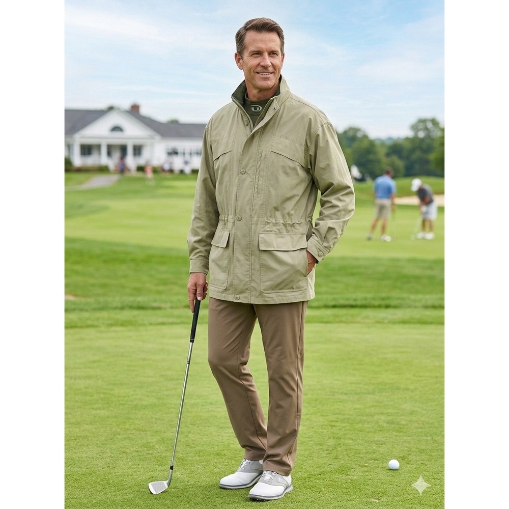 U-Golf Mens Field Jacket Tan Khaki Full Zip‎ Snap Front Utility Coat Size Large